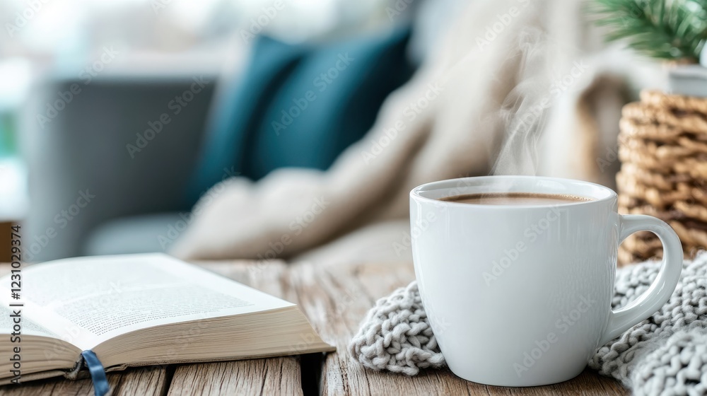 Warm coffee embraces a cozy reading nook on a rustic table
