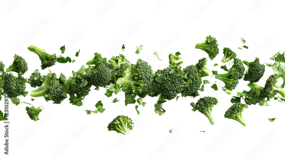 Fresh broccoli florets falling on transparent background Fresh broccoli florets falling on transparent background