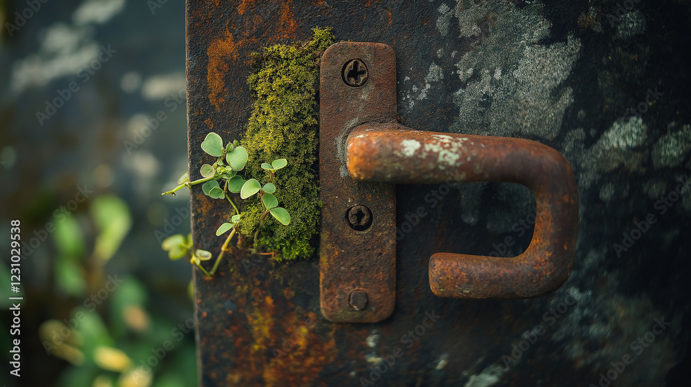A macro shot of a rusted iron door handle with moss and tiny vines growing around it, blending nature with forgotten history A macro shot of a rusted iron door handle with moss and tiny vines growing around it, blending nature with forgotten history