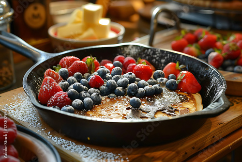 pancake breakfast palette, a sizzling skillet with batter, a variety of toppings like blueberries and chocolate chips, and the aroma of butter and maple syrup filling the breakfast nook photo