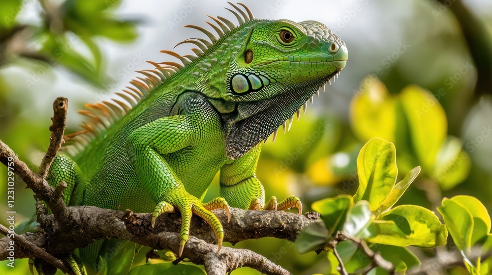 Vibrant green iguana perches on a tree branch basking in the sunlight Vibrant green iguana perches on a tree branch basking in the sunlight
