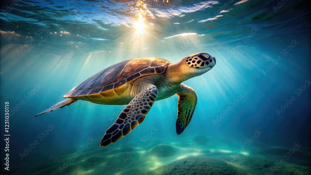Fototapeta premium Sea turtle swimming in the open ocean on a subtle gradient background, ocean gradient, gentle waves