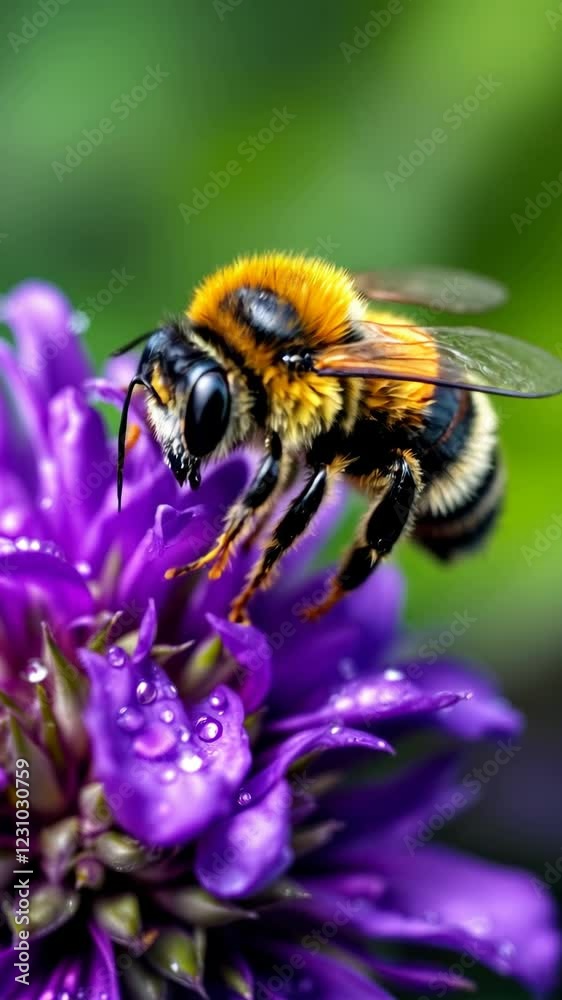 Close-Up of a Striking Honey Bee on a Vibrant Purple Flower with Dew Drops Close-Up of a Striking Honey Bee on a Vibrant Purple Flower with Dew Drops