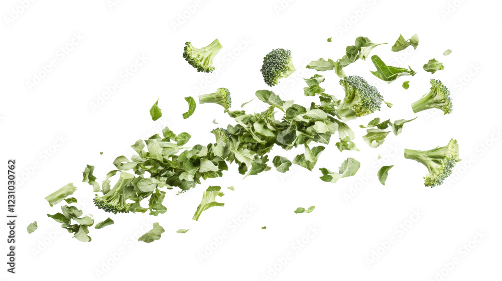 Obraz premium Fresh broccoli florets and leaves flying on transparent background