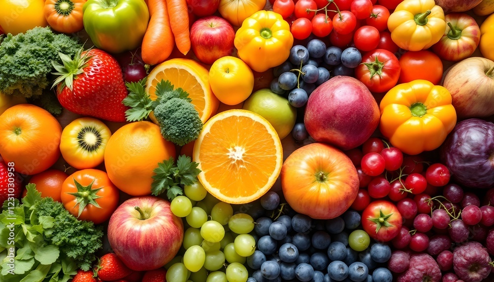 Vibrant Fresh Fruits and Vegetables Colorful Food Background Vibrant Fresh Fruits and Vegetables Colorful Food Background