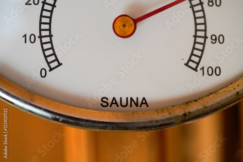 Thermometer in wooden sauna with word 