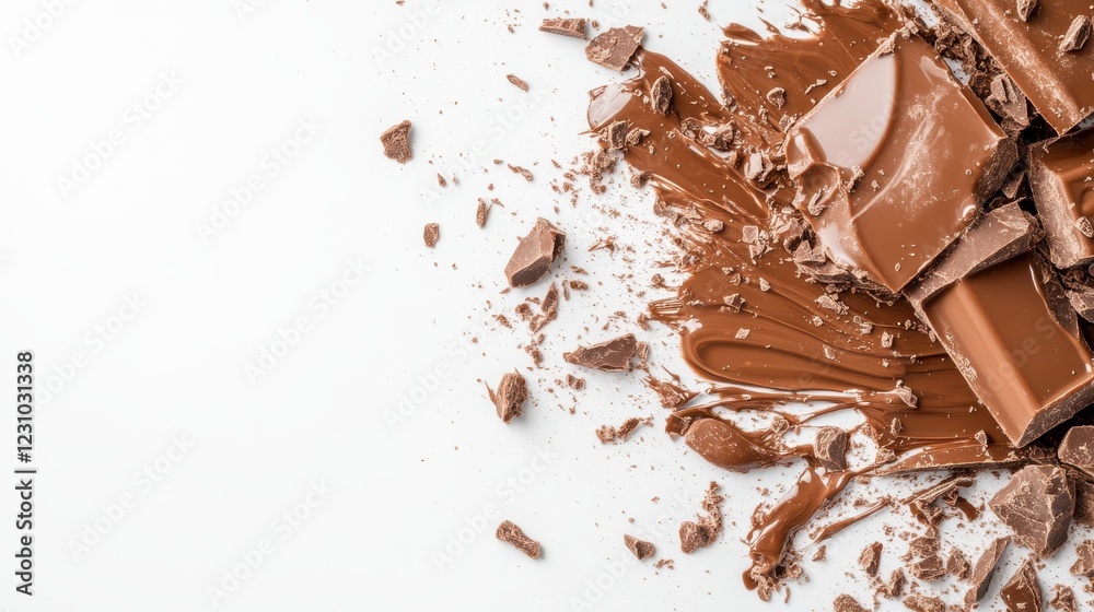 Explosive eruption of chocolate pieces on a pristine white background Explosive eruption of chocolate pieces on a pristine white background