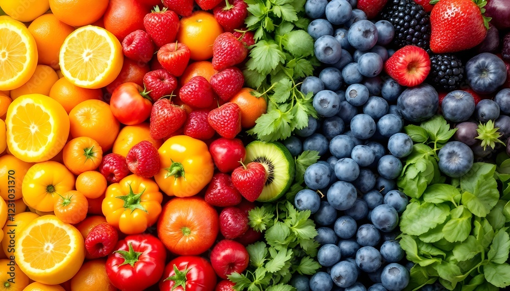 Vibrant Rainbow Fruit and Berry Background Image Vibrant Rainbow Fruit and Berry Background Image