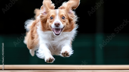 Joyful dog leaping through the air in a sunny park adventure photo