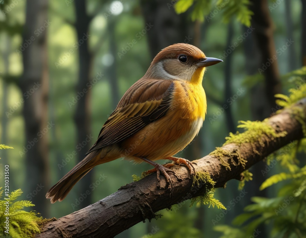 Small brown back and yellow belly bird perched in the forest , yellow belly, pine twig Small brown back and yellow belly bird perched in the forest , yellow belly, pine twig