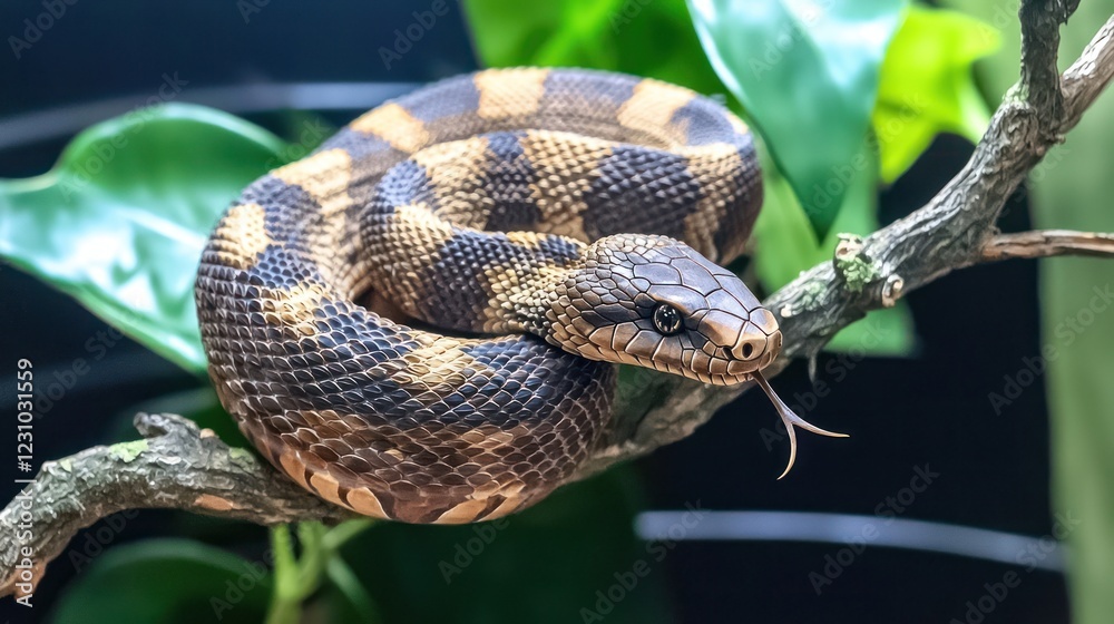 Brown And Black Banded Snake Coiled On Branch Brown And Black Banded Snake Coiled On Branch
