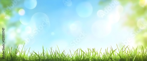 A fresh spring sunny garden background of green grass and blurred foliage bokeh.