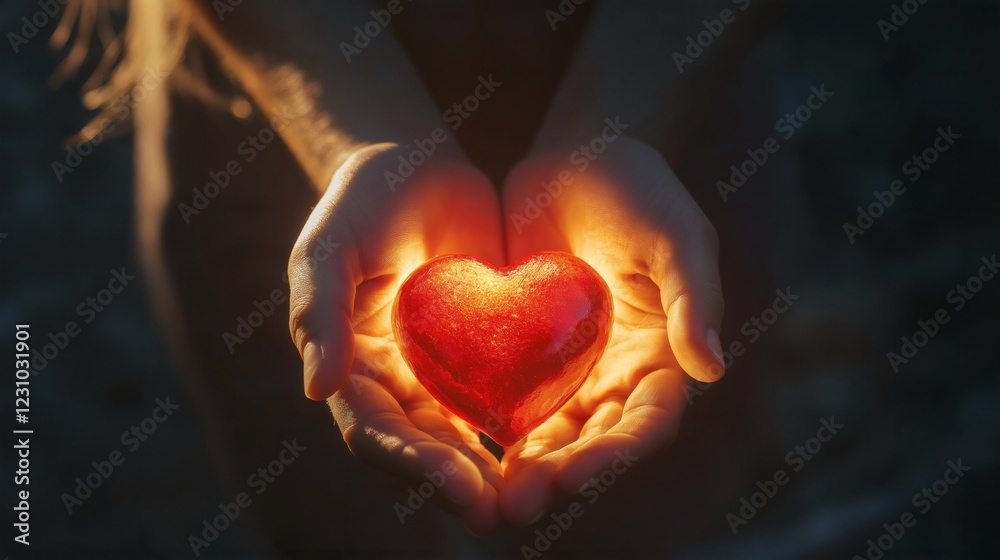 Hands Holding Glowing Red Heart Hands Holding Glowing Red Heart