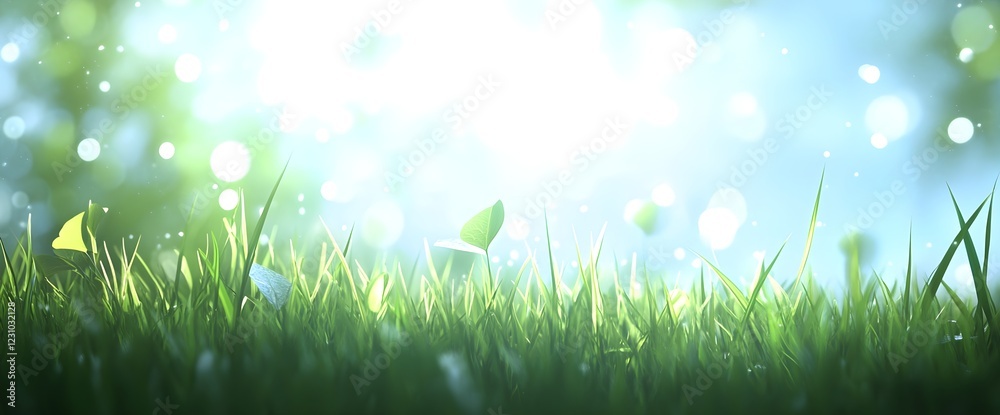 Fototapeta premium A fresh spring sunny garden background of green grass and blurred foliage bokeh.