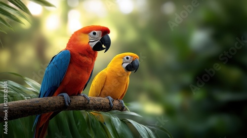 Colorful tropical birds resting among vibrant green foliage