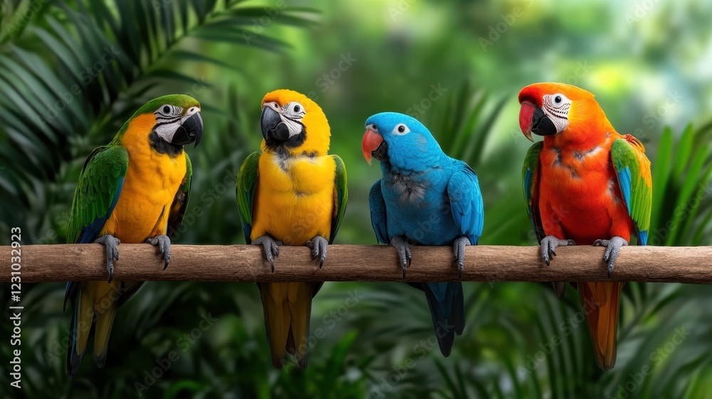 Colorful tropical birds perched harmoniously in vibrant foliage Colorful tropical birds perched harmoniously in vibrant foliage