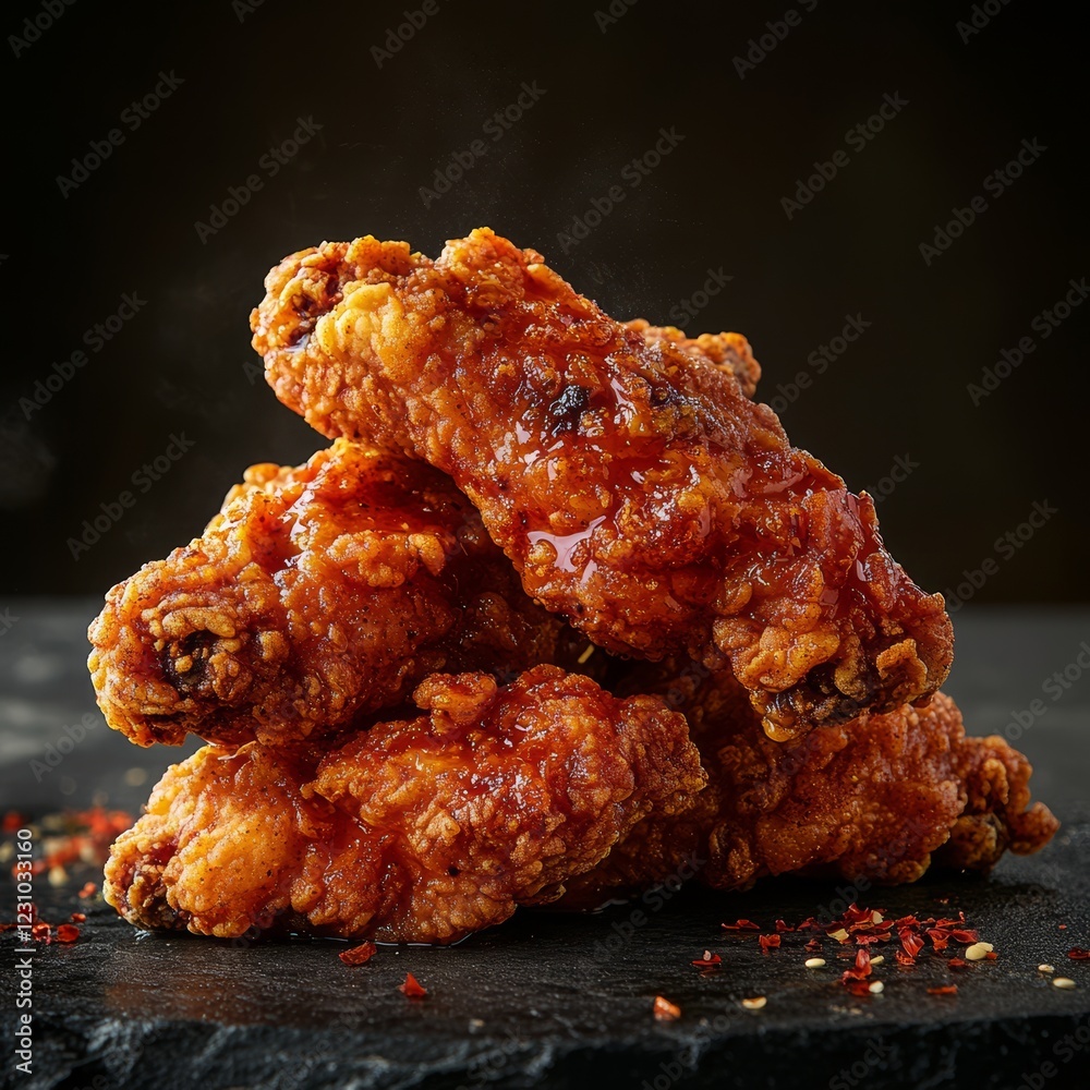 Crispy, glazed chicken wings stacked on dark stone. Crispy, glazed chicken wings stacked on dark stone.