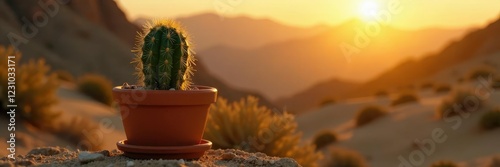 Soft golden light falls on a solitary cactus in a terracotta pot, its spines glistening with dew, desert, morning photo