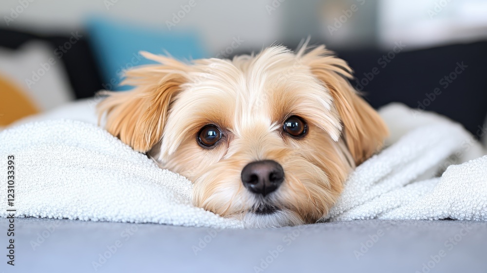 Cozy dog bundled in a soft blanket on a warm couch during a lazy afternoon Cozy dog bundled in a soft blanket on a warm couch during a lazy afternoon