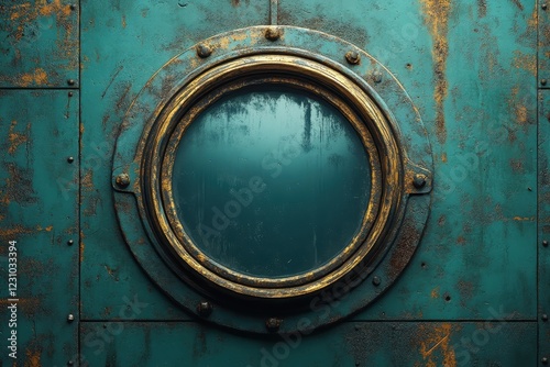 Close-Up of a Vintage Rusted Teal Metal Porthole Window with Weathered Texture on a Nautical Vessel, Featuring Distinctive Elemental Corrosion.