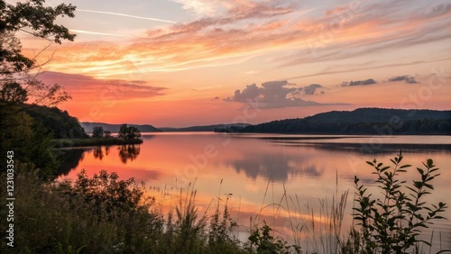 Softly glowing sunset over a serene lake, natural beauty, gentle ripples, sunset