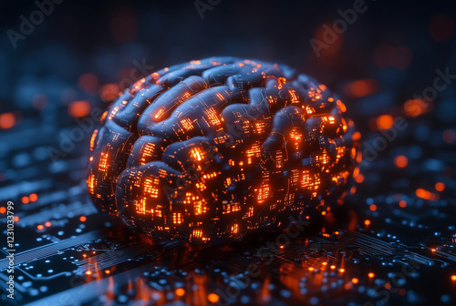 digital brain with glowing circuits on circuit board, symbolizing technology and intelligence photo