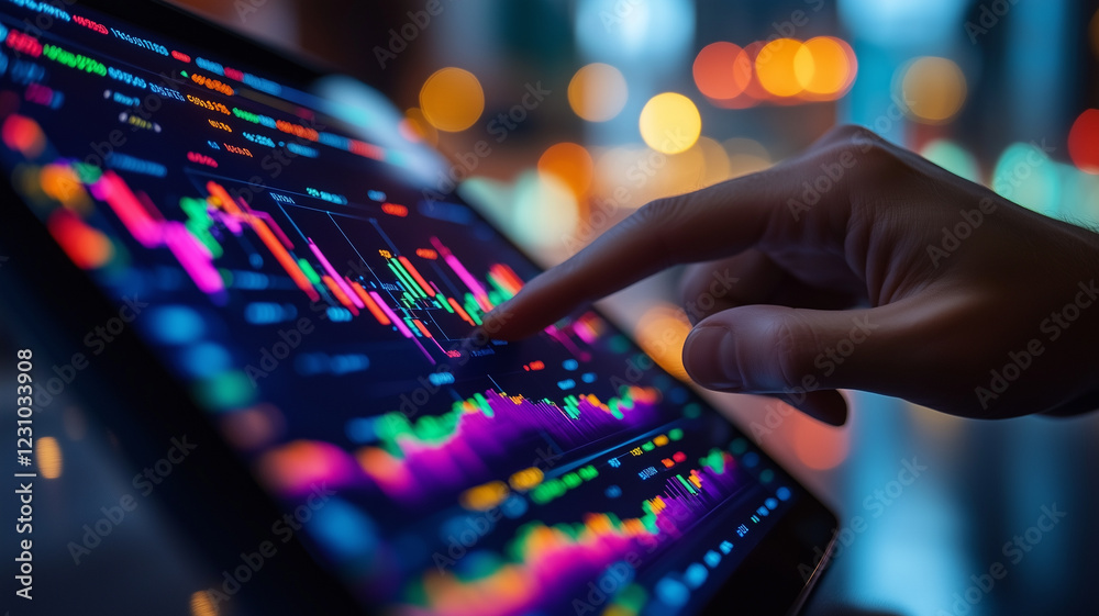 Analyzing stock market data on digital tablet with colorful graphs and charts Analyzing stock market data on digital tablet with colorful graphs and charts