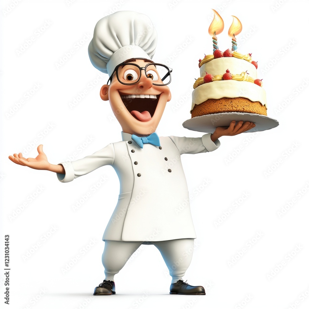 Baking celebration cheerful chef with birthday cake kitchen digital art bright atmosphere playful perspective Baking celebration cheerful chef with birthday cake kitchen digital art bright atmosphere playful perspective