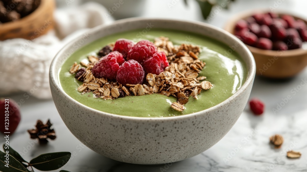 Freshly made smoothie bowl with vibrant toppings on a marble countertop Freshly made smoothie bowl with vibrant toppings on a marble countertop