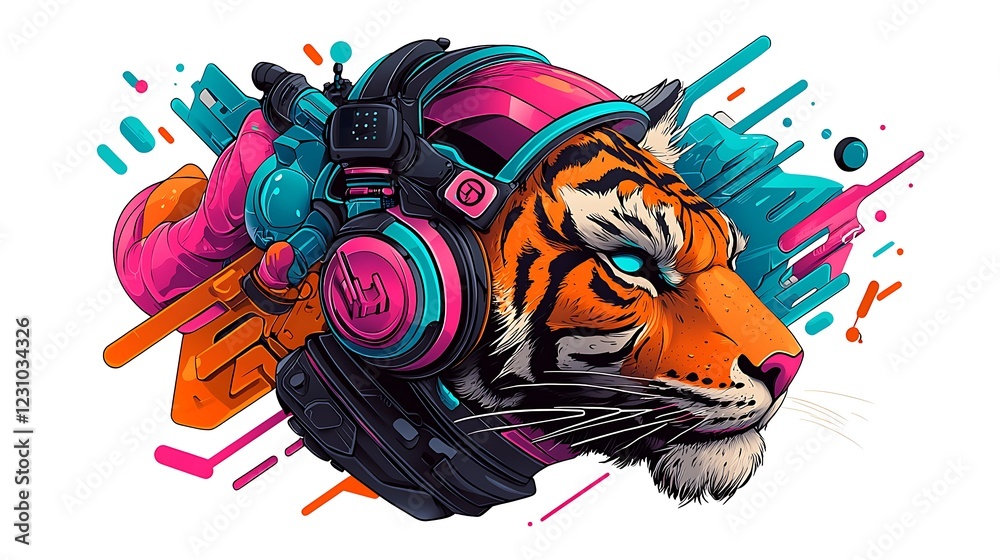 Obraz premium Colorful digital illustration of a tiger wearing headphones amidst vibrant abstract shapes and patterns