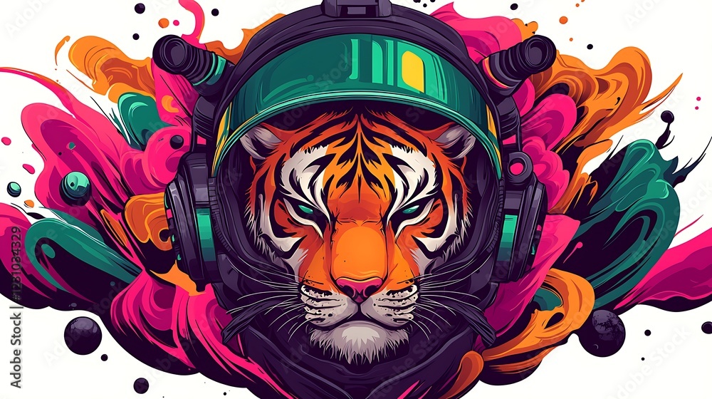 Colorful digital illustration of a tiger in a space helmet surrounded by vibrant abstract patterns Colorful digital illustration of a tiger in a space helmet surrounded by vibrant abstract patterns
