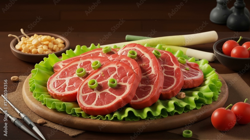 Sliced meat on green leaves with vegetables.