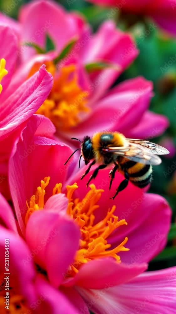 A Vibrant Bumblebee Interacting with Colorful Pink Flowers in Full Bloom A Vibrant Bumblebee Interacting with Colorful Pink Flowers in Full Bloom