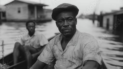 Steersman navigates flooded Georgetown with uniformed passenger in 1910 photo