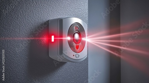 Smoke alarm checks. Security alarm system with red laser indicators on a wall.