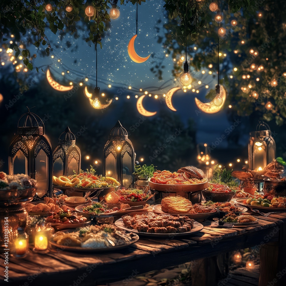 Nighttime feast with moon-shaped lights and lanterns. Nighttime feast with moon-shaped lights and lanterns.