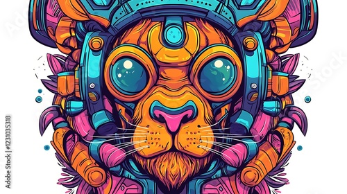 Colorful futuristic cat illustration with vibrant details and mechanical elements, showcasing creativity photo