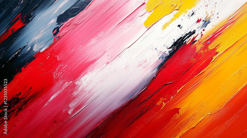 Vibrant abstract painting with bold strokes of red, yellow, and white colors Vibrant abstract painting with bold strokes of red, yellow, and white colors