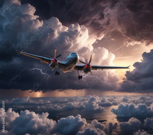 Plane flying above the horizon with a severe thunderstorm behind it, airplane, aerial view