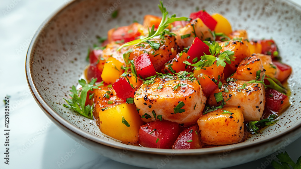 Delicious grilled chicken with colorful bell peppers and herbs
