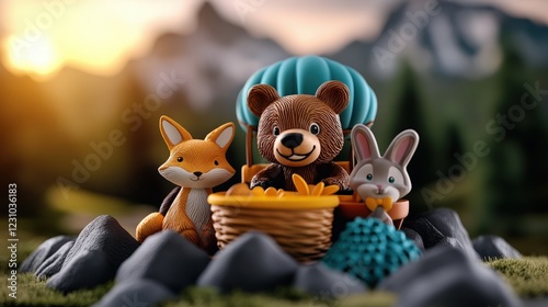 Adorable toy animals, including a bear, fox, and rabbit, sit together in a basket, exuding charm and inviting imagination and adventure, perfect for children’s play. photo