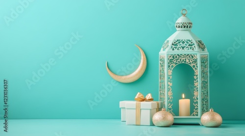 Teal lantern, crescent moon, gifts, and candle on turquoise background. photo