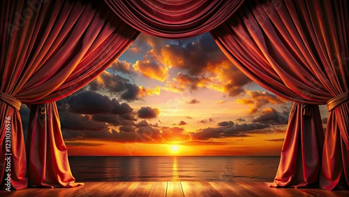 Captivating Silhouette of Theatre Curtains at Dusk - Dramatic Stage Setting, Beautiful Shadows, Artistic Performance, Cultural Events, Live Entertainment, Creative Background