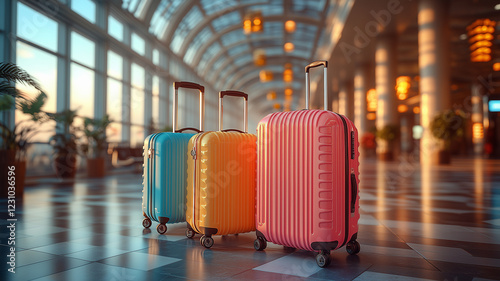 Colorful luggage in airport terminal, showcasing vibrant designs and textures. bright colors add cheerful touch to travel atmosphere