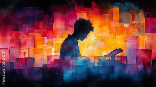 silhouette of person reading against vibrant, colorful background. warm hues create dreamy atmosphere, evoking sense of wonder and imagination