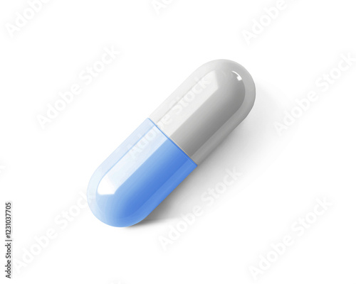 Close-up of a single capsule pill, half white and half light blue, transparent background