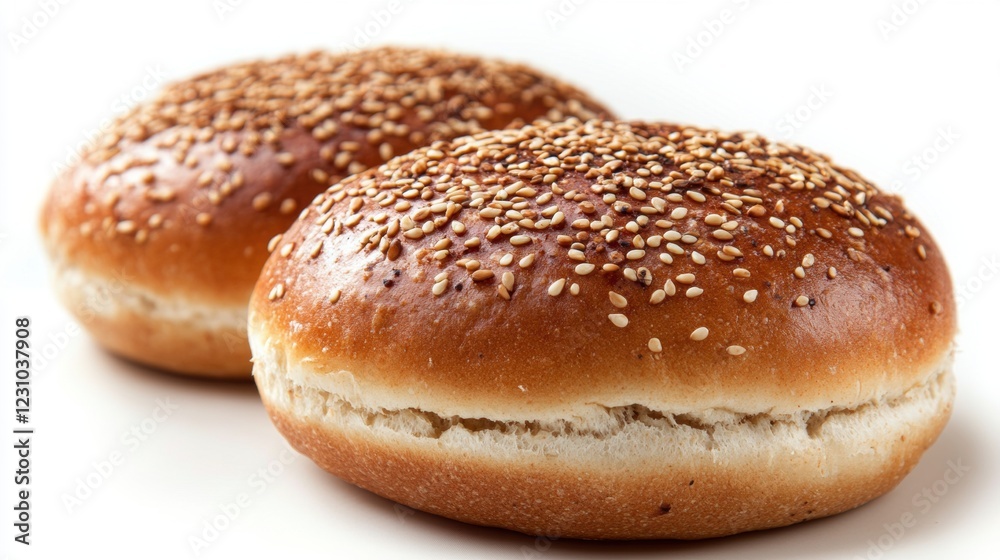 Freshly Baked Sesame Seed Burger Buns on White Background Freshly Baked Sesame Seed Burger Buns on White Background