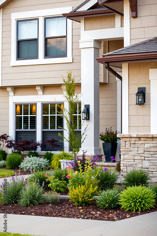 Obraz premium Dream Home Exterior: Modern House with Landscaped Garden. Beautiful architecture, design, and landscaping. Real estate photography