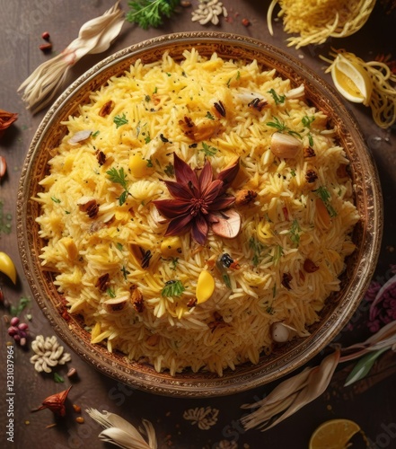 Saffron infused Biryani Processed Rice Platter, saffron infused, aromatic spices photo