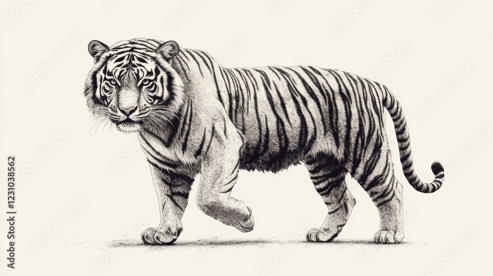 Naklejka premium Realistic Tiger Illustration in Black and White for Artwork Lovers